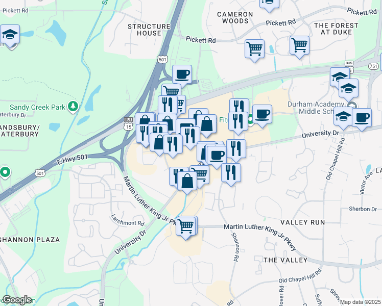 map of restaurants, bars, coffee shops, grocery stores, and more near 4037 Durham-Chapel Hill Boulevard in Durham