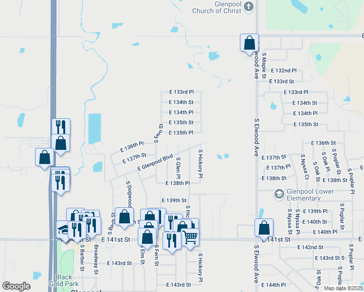 map of restaurants, bars, coffee shops, grocery stores, and more near 13662 South Hickory Street in Glenpool