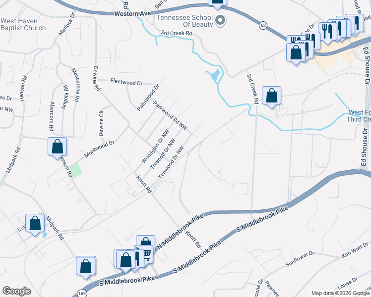map of restaurants, bars, coffee shops, grocery stores, and more near 5026 Tenwood Drive Northwest in Knoxville