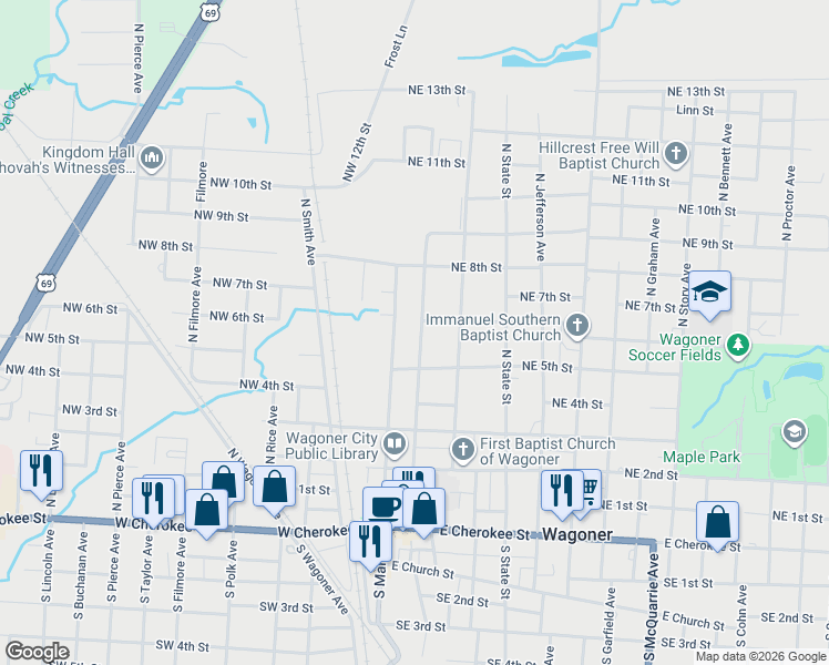 map of restaurants, bars, coffee shops, grocery stores, and more near 604 North Main Street in Wagoner