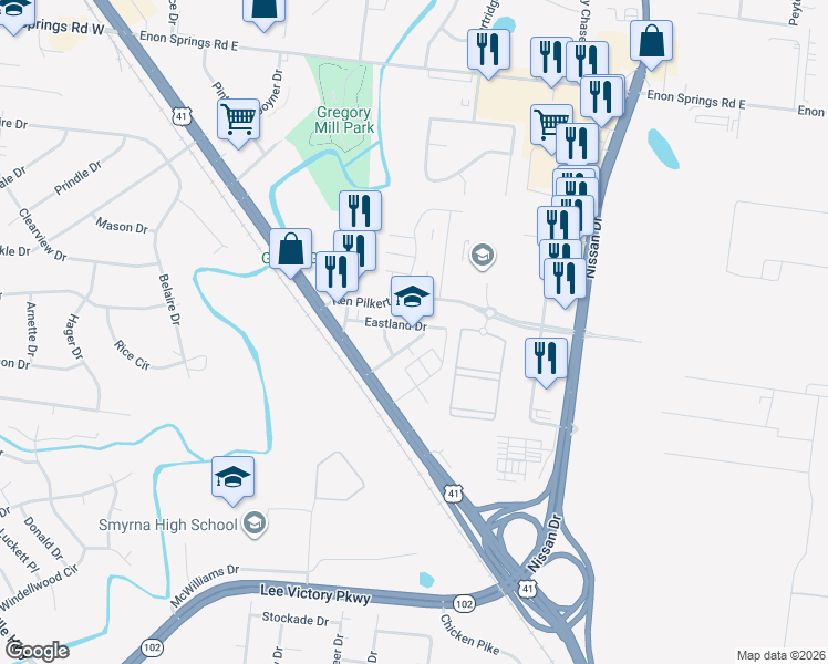 map of restaurants, bars, coffee shops, grocery stores, and more near 201 Stewart Drive in Smyrna