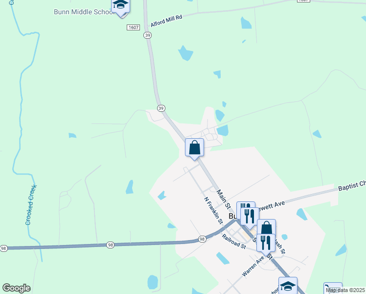 map of restaurants, bars, coffee shops, grocery stores, and more near 5078 Main Street in Bunn