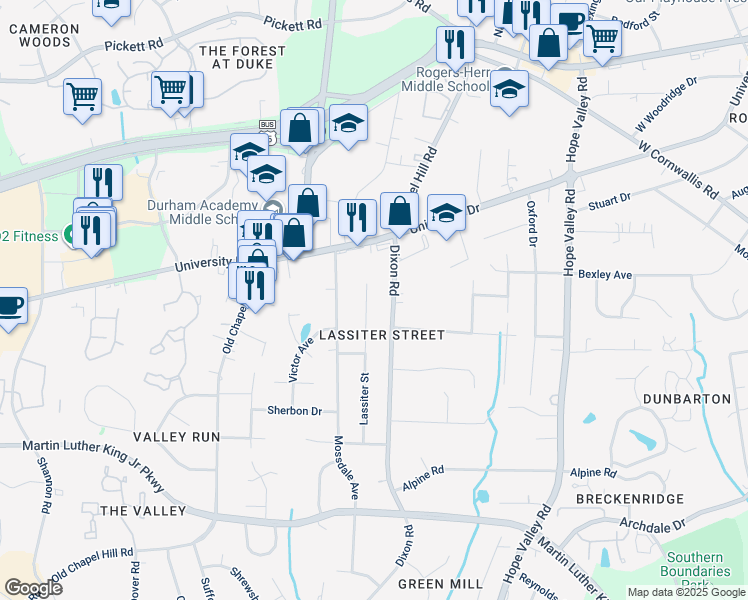 map of restaurants, bars, coffee shops, grocery stores, and more near 3113 Lassiter Street in Durham