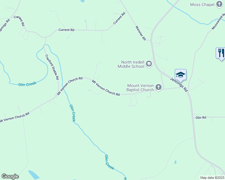 map of restaurants, bars, coffee shops, grocery stores, and more near 256 Mount Vernon Church Road in Olin