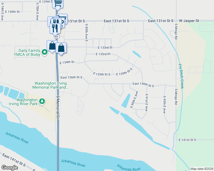 map of restaurants, bars, coffee shops, grocery stores, and more near 8624 East 136th Street South in Bixby