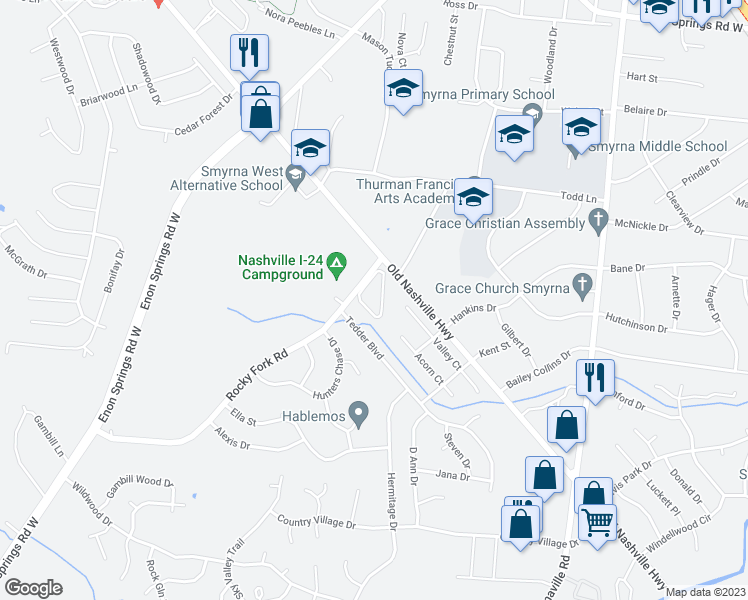 map of restaurants, bars, coffee shops, grocery stores, and more near 151 Oak Valley Circle in Smyrna