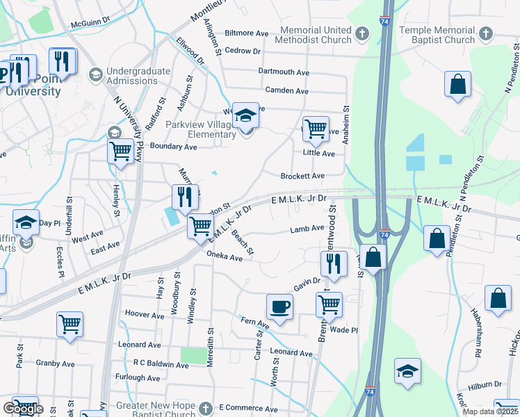 map of restaurants, bars, coffee shops, grocery stores, and more near 1706 East Martin Luther King Junior Drive in High Point