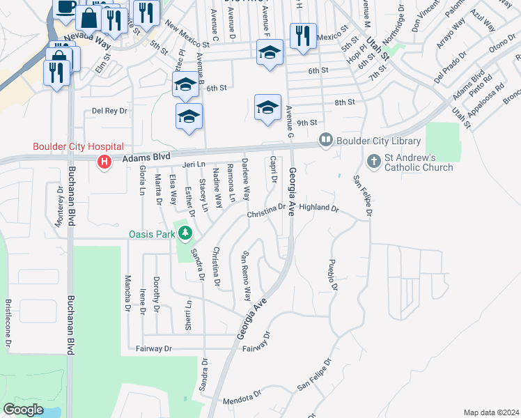 map of restaurants, bars, coffee shops, grocery stores, and more near 1316 Capri Drive in Boulder City