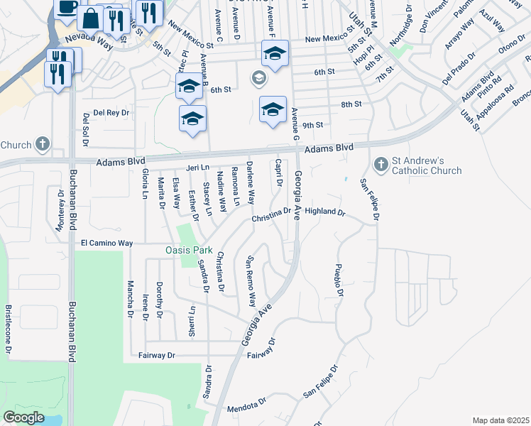 map of restaurants, bars, coffee shops, grocery stores, and more near 1316 Capri Drive in Boulder City