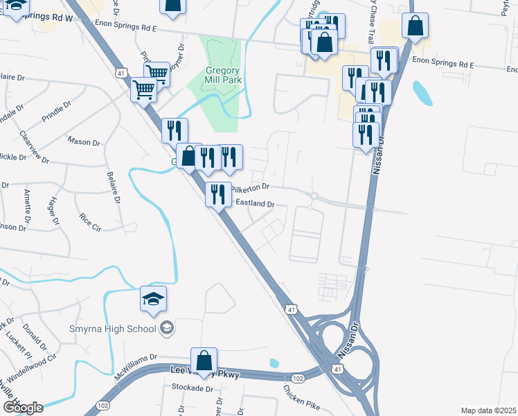 map of restaurants, bars, coffee shops, grocery stores, and more near 201 Stewart Drive in Smyrna