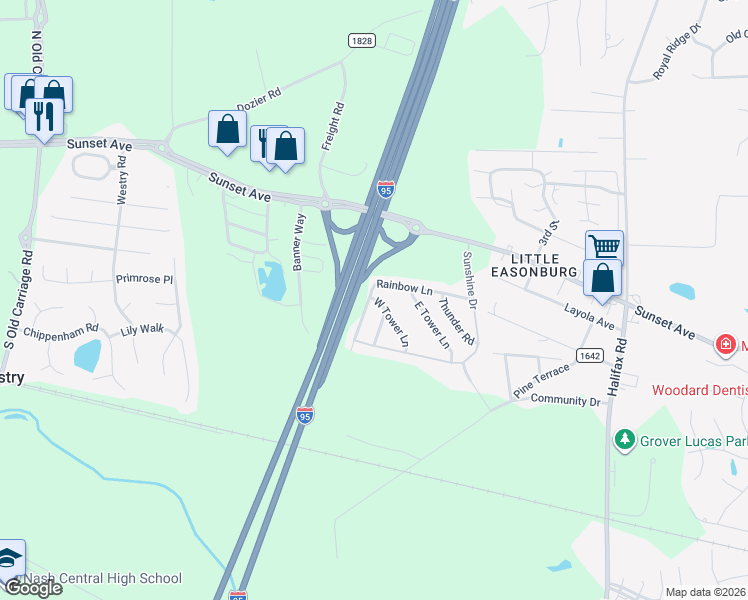 map of restaurants, bars, coffee shops, grocery stores, and more near 200 West Tower Lane in Rocky Mount