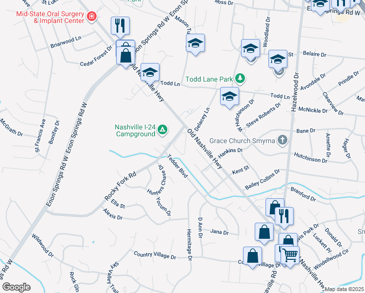 map of restaurants, bars, coffee shops, grocery stores, and more near 126 Oak Valley Circle in Smyrna