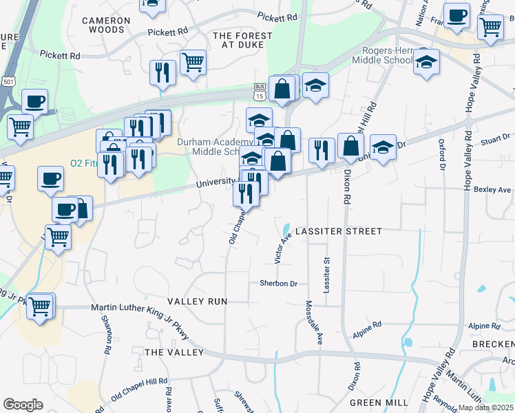 map of restaurants, bars, coffee shops, grocery stores, and more near 3211 Old Chapel Hill Road in Durham