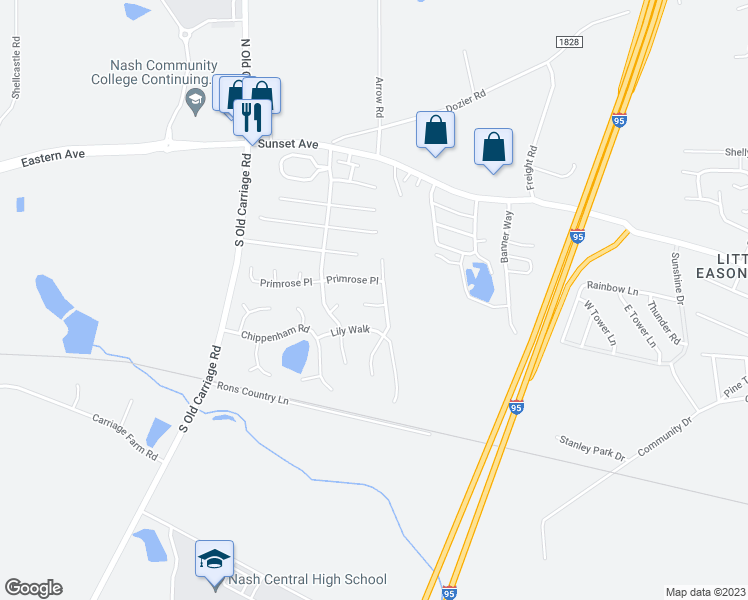 map of restaurants, bars, coffee shops, grocery stores, and more near 4604 Plum Place in Rocky Mount