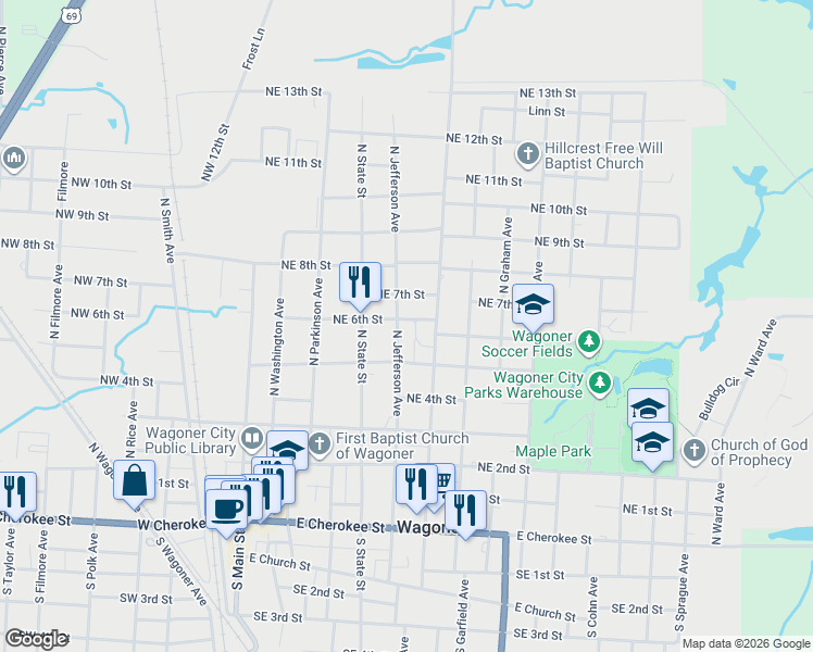 map of restaurants, bars, coffee shops, grocery stores, and more near 611 North Gertrude Avenue in Wagoner