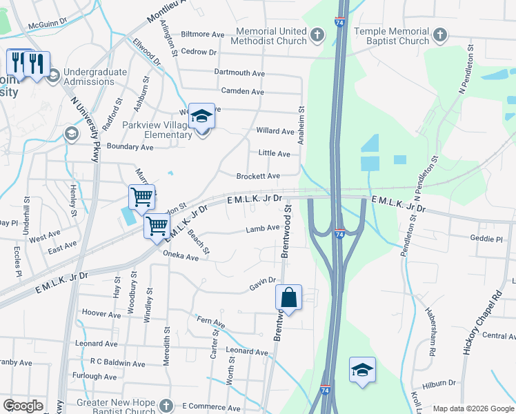 map of restaurants, bars, coffee shops, grocery stores, and more near 1726 East Martin Luther King Junior Drive in High Point
