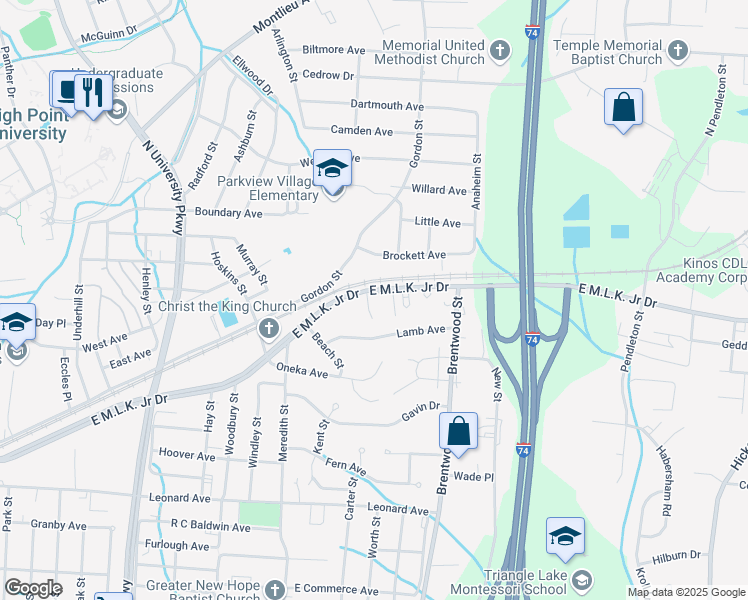 map of restaurants, bars, coffee shops, grocery stores, and more near 1714 East Martin Luther King Junior Drive in High Point