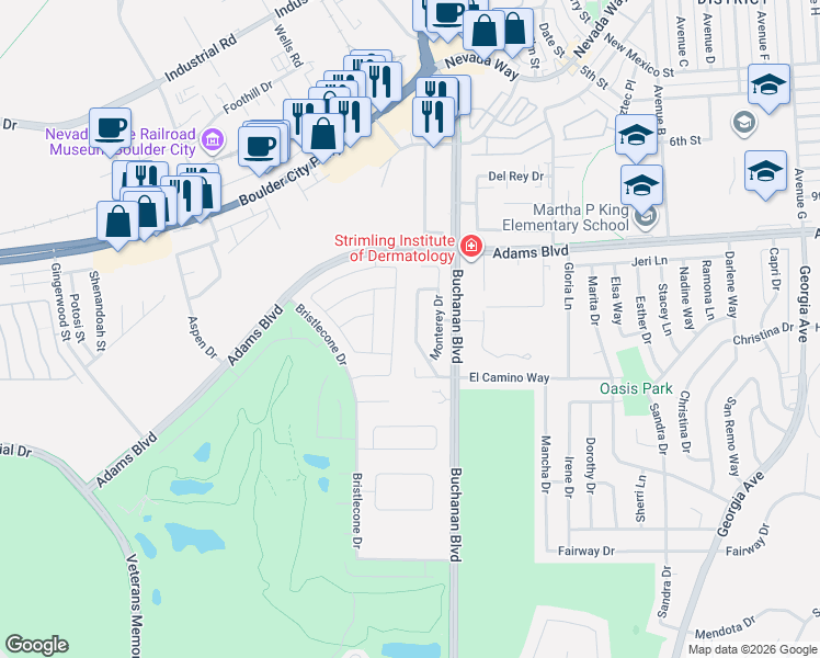 map of restaurants, bars, coffee shops, grocery stores, and more near 1402 Coronado Drive in Boulder City