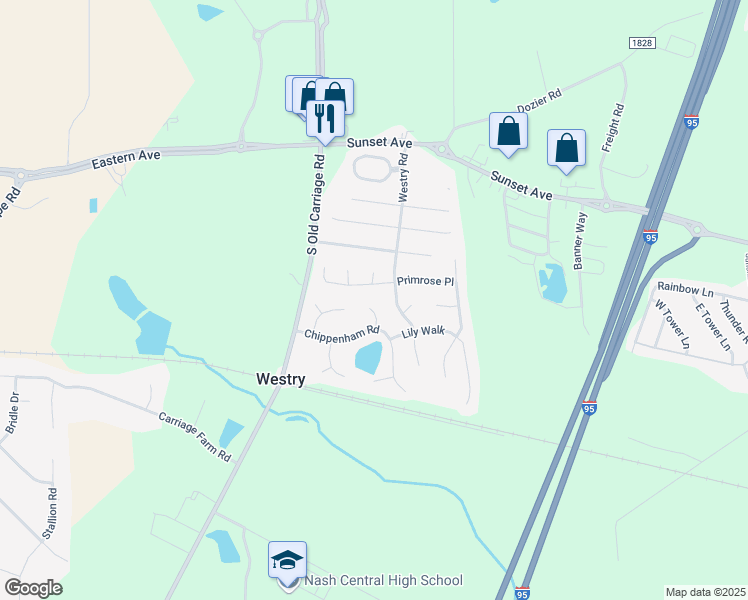 map of restaurants, bars, coffee shops, grocery stores, and more near 115 Collingbourne Court in Rocky Mount