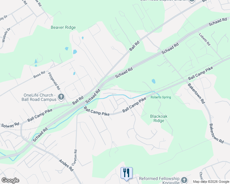 map of restaurants, bars, coffee shops, grocery stores, and more near 2140 Beacon Light Way in Knoxville