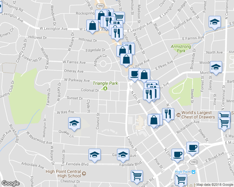 map of restaurants, bars, coffee shops, grocery stores, and more near 811 Carrick Street in High Point