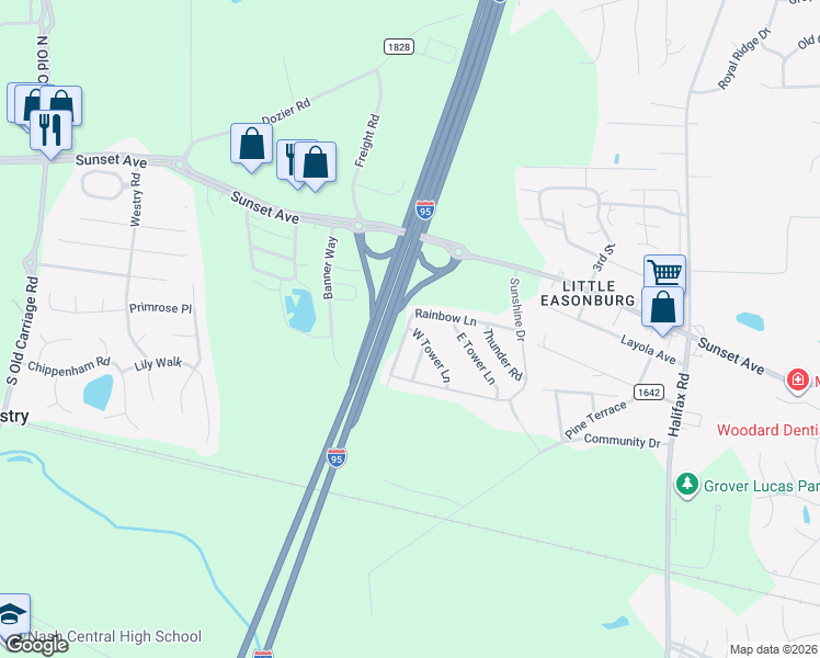 map of restaurants, bars, coffee shops, grocery stores, and more near 200 West Tower Lane in Rocky Mount