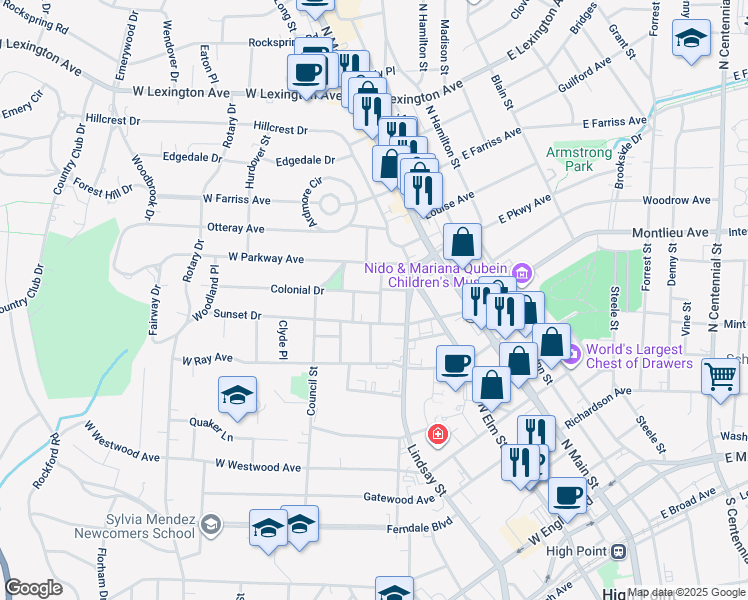 map of restaurants, bars, coffee shops, grocery stores, and more near 811 Carrick Street in High Point