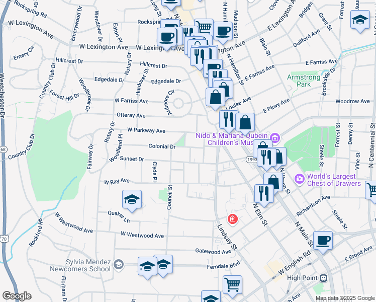 map of restaurants, bars, coffee shops, grocery stores, and more near 406 Sunset Drive in High Point