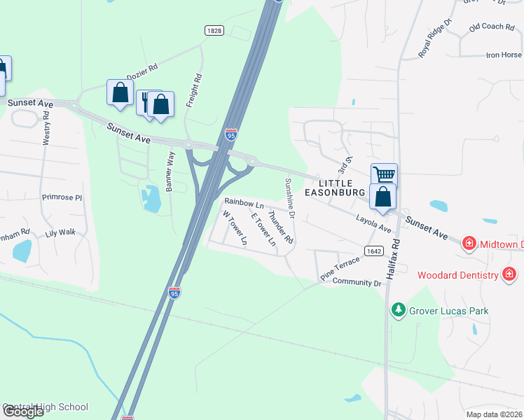map of restaurants, bars, coffee shops, grocery stores, and more near 201 East Tower Lane in Rocky Mount