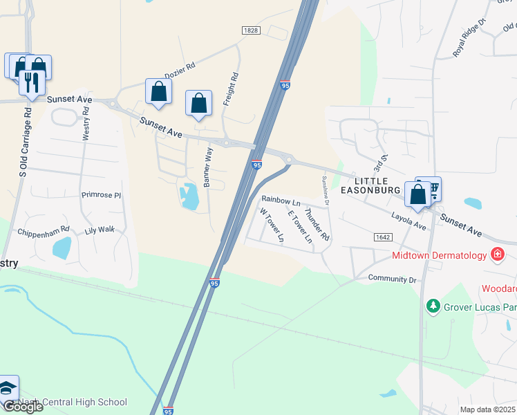 map of restaurants, bars, coffee shops, grocery stores, and more near 200 West Tower Lane in Rocky Mount