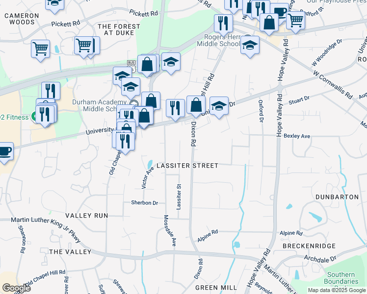 map of restaurants, bars, coffee shops, grocery stores, and more near 3111 Lassiter Street in Durham