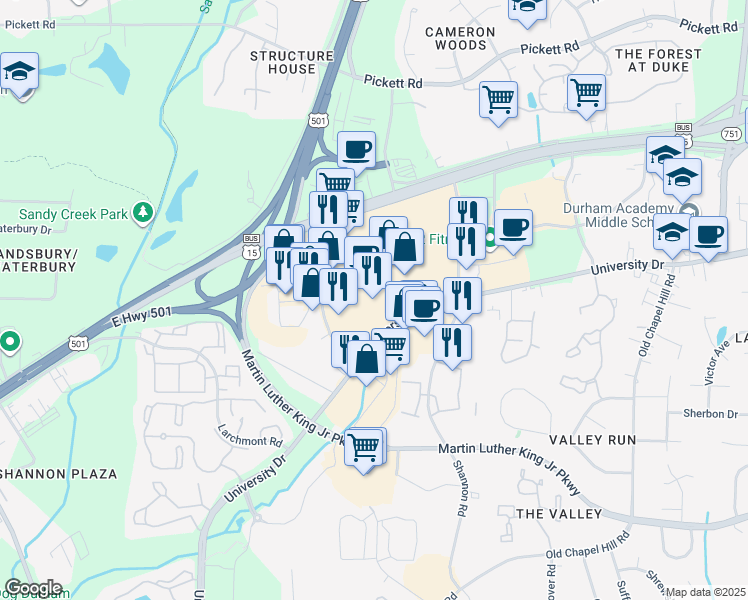 map of restaurants, bars, coffee shops, grocery stores, and more near 4037 Durham-Chapel Hill Boulevard in Durham