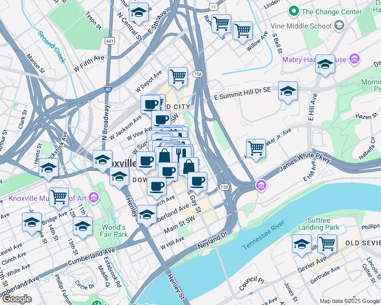map of restaurants, bars, coffee shops, grocery stores, and more near 205 Union Avenue in Knoxville