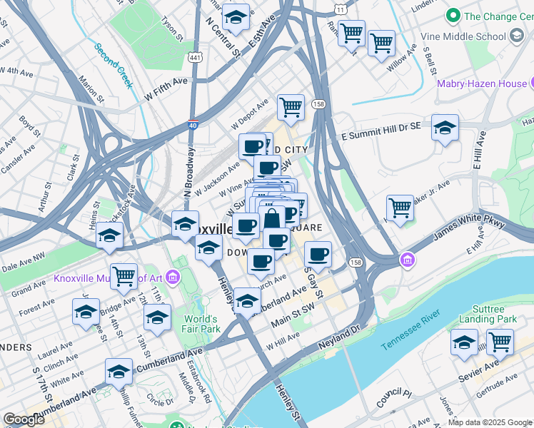 map of restaurants, bars, coffee shops, grocery stores, and more near 18 Market Square in Knoxville