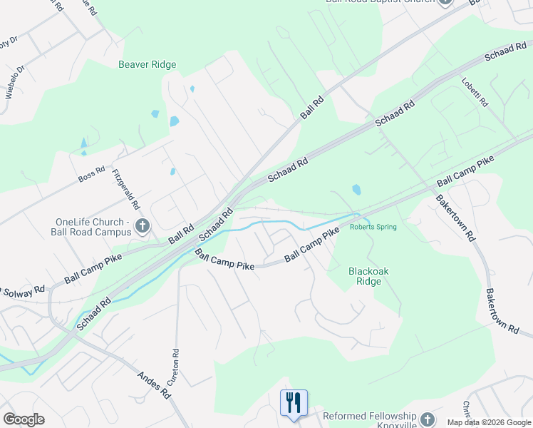map of restaurants, bars, coffee shops, grocery stores, and more near 2140 Beacon Light Way in Knoxville