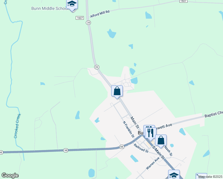 map of restaurants, bars, coffee shops, grocery stores, and more near 5078 Main Street in Bunn