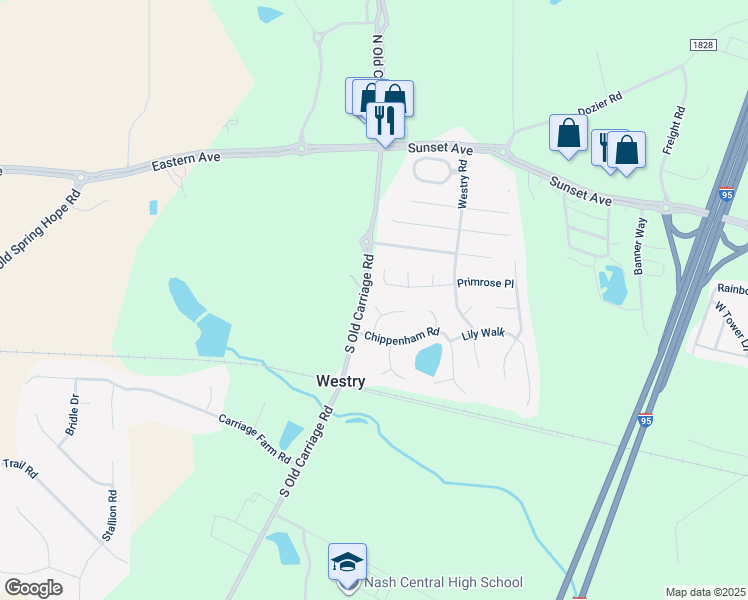 map of restaurants, bars, coffee shops, grocery stores, and more near 113 Chickasaw Court in Rocky Mount