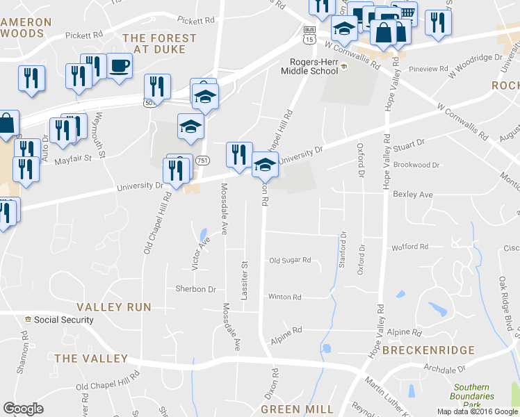 map of restaurants, bars, coffee shops, grocery stores, and more near 3022 Dixon Road in Durham
