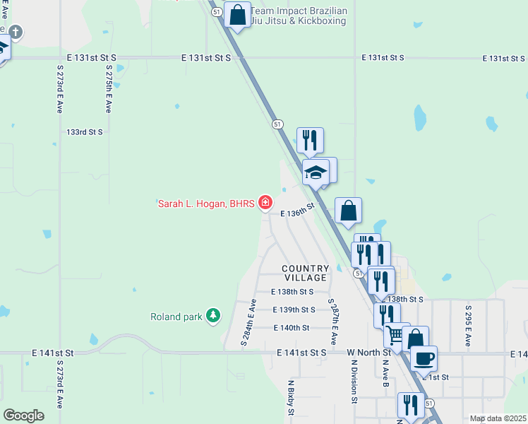 map of restaurants, bars, coffee shops, grocery stores, and more near 13613 South 285th East Avenue in Coweta
