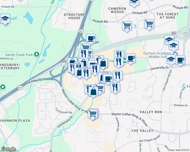 map of restaurants, bars, coffee shops, grocery stores, and more near 4037 Durham-Chapel Hill Boulevard in Durham