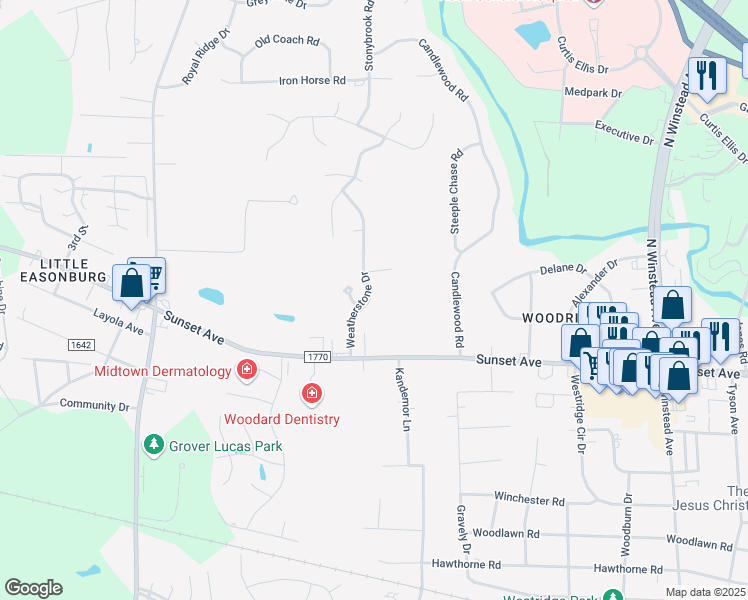 map of restaurants, bars, coffee shops, grocery stores, and more near 63 Weatherstone Drive in Rocky Mount