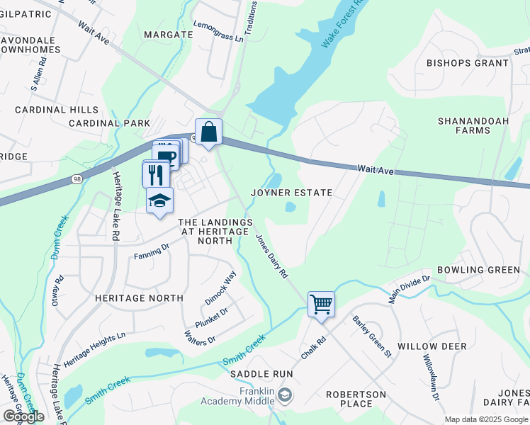 map of restaurants, bars, coffee shops, grocery stores, and more near 303 Jones Dairy Road in Wake Forest