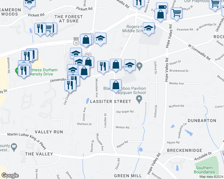 map of restaurants, bars, coffee shops, grocery stores, and more near 3022 Dixon Road in Durham