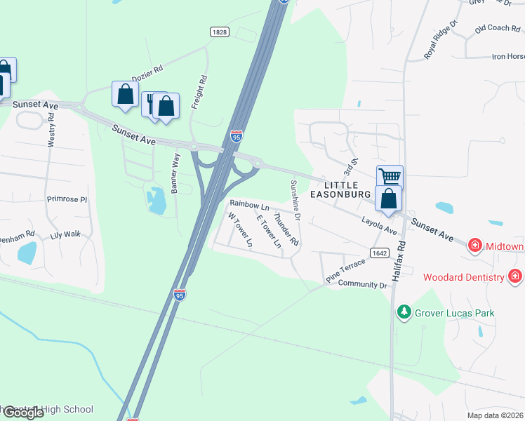 map of restaurants, bars, coffee shops, grocery stores, and more near 201 East Tower Lane in Rocky Mount