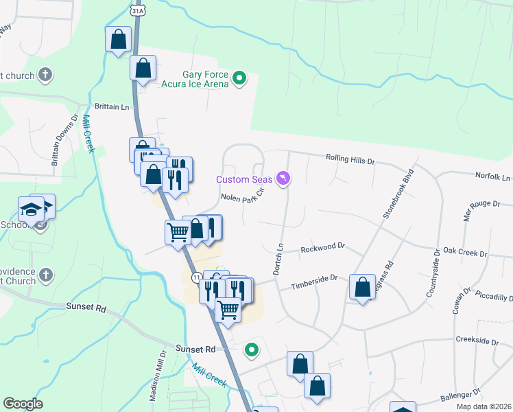 map of restaurants, bars, coffee shops, grocery stores, and more near 7505 Sheldon Park Drive in Nolensville