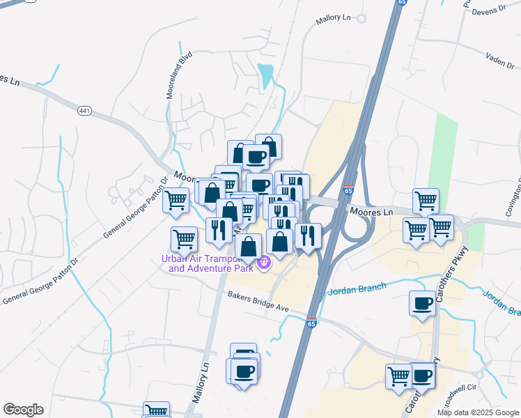 map of restaurants, bars, coffee shops, grocery stores, and more near 1701 Galleria Boulevard in Franklin
