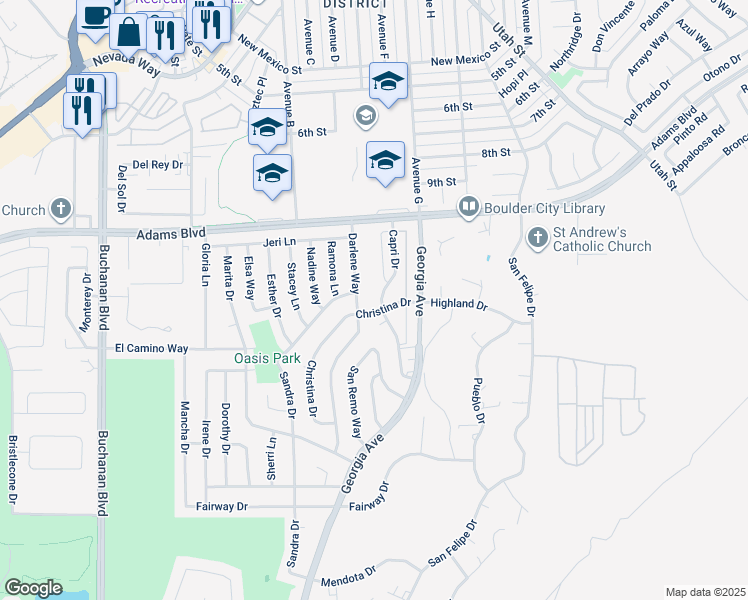 map of restaurants, bars, coffee shops, grocery stores, and more near 757 Darlene Way in Boulder City