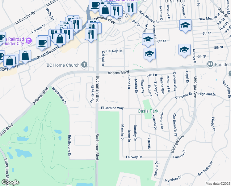 map of restaurants, bars, coffee shops, grocery stores, and more near 1499 Medical Park Drive in Boulder City