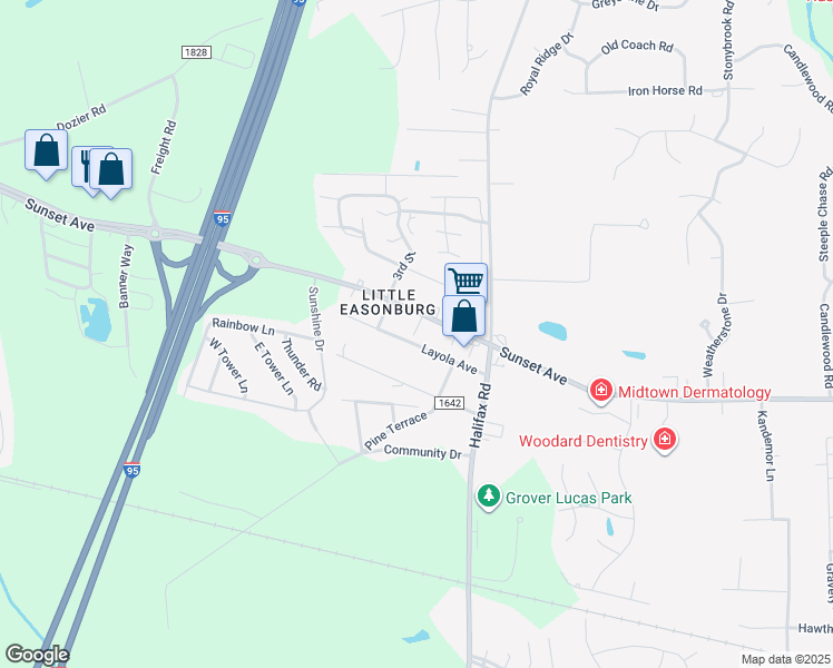 map of restaurants, bars, coffee shops, grocery stores, and more near 4225 Layola Avenue in Rocky Mount