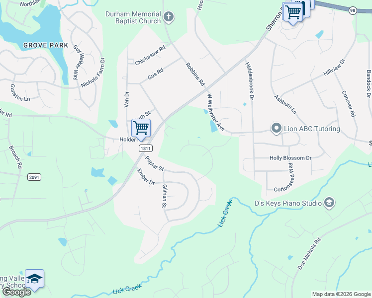map of restaurants, bars, coffee shops, grocery stores, and more near 1702 Nellora Lane in Durham